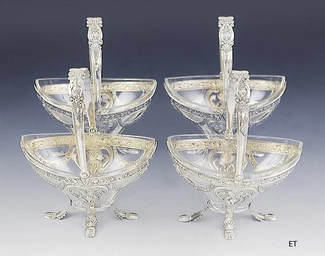 4 Antique German Silver Plate Glass Liner Baskets Renaissance Style: Type: Baskets,Age: c1910,Region: Germany,Maker: Wurttembergisnce Metallwarrenfabrik,Composition: Silverplate,Year Made: c1910,Country of Origin: Germany Presented is a fine set of four silver plated b