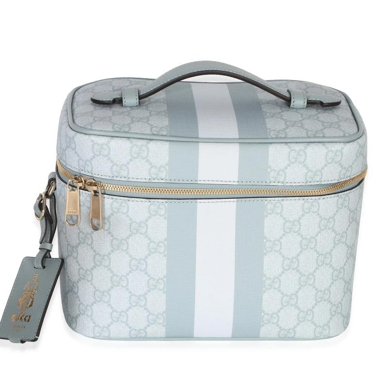 Gucci Light Blue GG Supreme Monogram Dollar Calfskin Medium Savoy Vanity Case: Condition: Pre-owned - Good,Dimensions: 9 x 7 x 5.5,Handbag Accessories: Dustbag;ID Tag,Bag Width: 9 in,Bag Depth: 5.5 in,Bag Height: 7 in,Department: Unisex,Style: Top Handle,Material: Canvas,Color: 