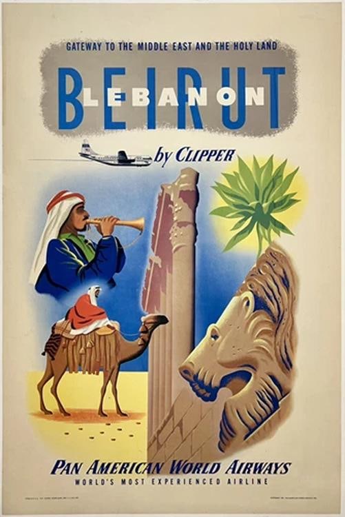 Original Vintage Poster PAN AM - BEIRUT BY CLIPPER Airline Travel Tourism LINEN: Condition: Used,Country of Origin: United States,Type: Poster,Airline: Pan Am Condition: Very Good * (linen backed; very minor edge and corner wear; some scattered edge tears; some toning along the up