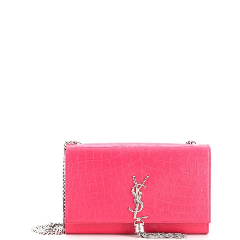 Saint Laurent Classic Monogram Tassel Crossbody Bag Crocodile Embossed Leather: Measurements: Handle Drop 10", Height 6", Width 9.5", Depth 2", Strap Drop 19" . Condition: Pre-owned - Excellent,Brand: Saint Laurent,Exterior Material: Leather,Style: Cross Body Bags,Exterior Color: