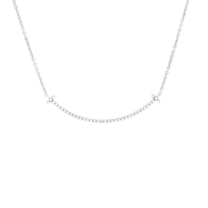 Tiffany & Co. T Smile Pendant Necklace 18K White Gold with Diamonds Small: Measurements: Length: 16 ", Pendant Length: 3.6 mm, Pendant Width: 37.1 mm . Condition: Pre-owned - Good,Brand: Tiffany & Co.,Main Stone: Diamond,Metal: 18K White Gold,Metal Purity: 18k,Style: Pendant
