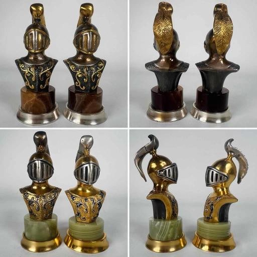 STUNNING Giuseppe Vasari Gorham Silvered Bronze Marble Pieces & Board Chess Set: DIMENSIONS/board: 18" in square including feet, playing surface measures 16" in square. DIMENSIONS/tallest piece (bishop): 4-3/8" in height DIMENSIONS/shortest piece (pawn): 3-1/4" in height Pawn
