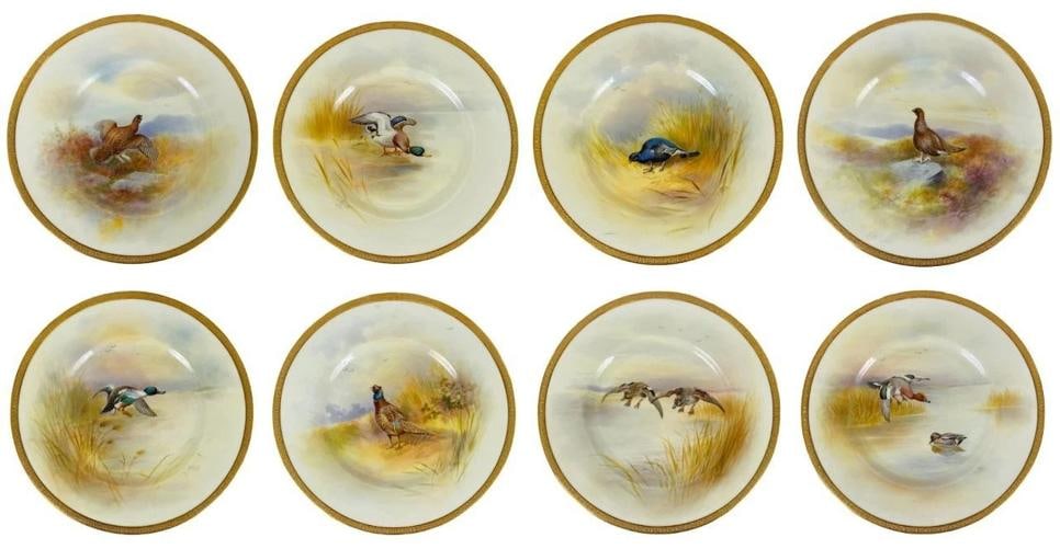 8 Signed Jack Price Royal Doulton Birds Painted Porcelain Gilt Cabinet Plates: Dimensions/ea: 9-1/2" in diameter, 3/4" in height . in excellent antique condition, with minimal wear, patina and minimal gilding loss commensurate with age and display. No chips or cracks have been