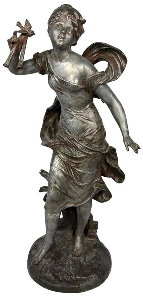 Antique Auguste Moreau Art Nouveau Woman Plan Flutes Bird Spelter Statue Signed (1 of 15)