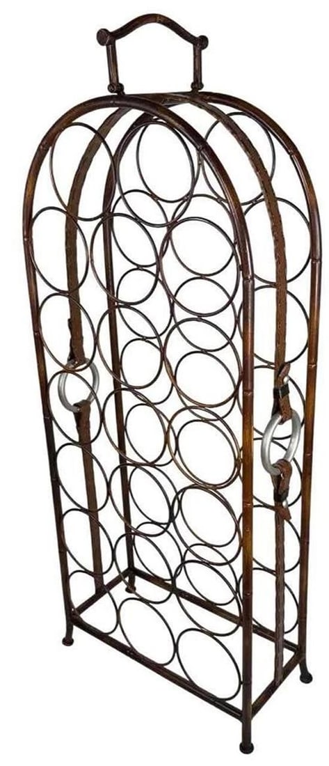 Jacques Adnet Hermes Style Tole Faux Leather Equestrian Wine Rack Bottle Holder: DIMENSIONS: 34" in height (with handle), 13-1/4" in length, 6-1/4" in width . Condition: Used,Brand: Unbranded,Capacity: 20,Material: Metal,Type: Countertop,Country of Origin: India