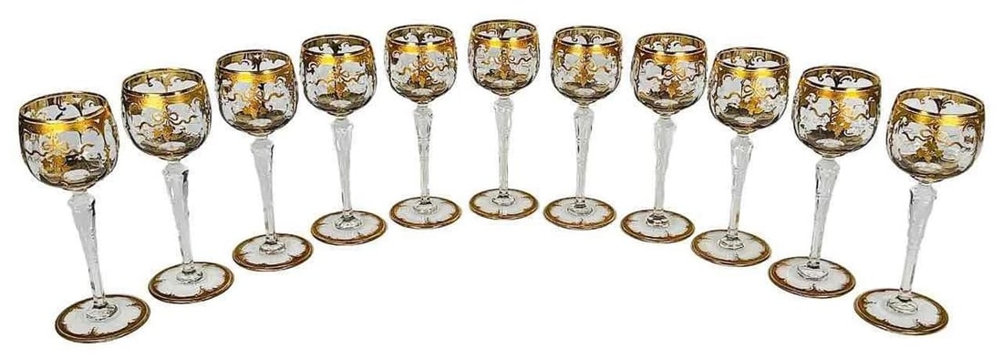 Set 11 Antique French St Louis Crystal Gilded Floral Overlay Wine Hocks Glasses: DIMENSIONS/ea: 7-1/4" in height, 2-3/8" in diameter across top, 2-3/4" in diameter across base . Condition: Used,Color: Clear,Type: Wine Glass,Features: Decorated,Material: Crystal,Country of Origin: