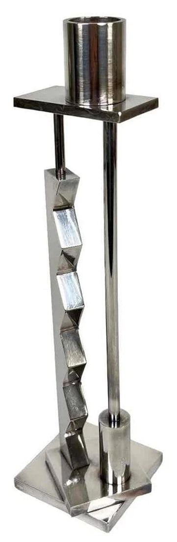 1980s Swid Powell Ettore Sottsass Italy Silver Plated Bronze Memphis Candlestick: DIMENSIONS: 12.5" in height, 3-5/8" in length, 3-1/8" in depth . The candlestick is in good, used, condition, with some surface wear, light scuffing, mild tarnish and patina. . Condition: Used,Type: C