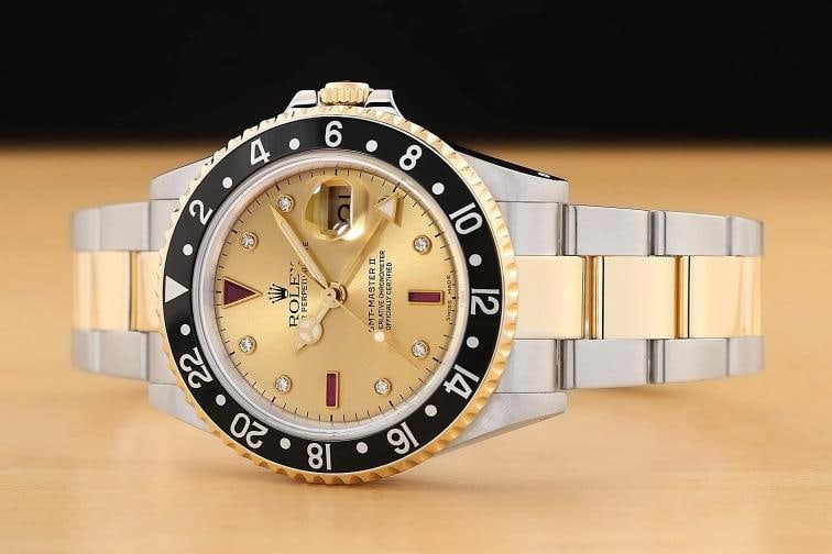 2007 CARD ROLEX GMT MASTER II 40MM 16713 SERTI RUBY DIAMOND 18K GOLD STEEL WATCH - 2