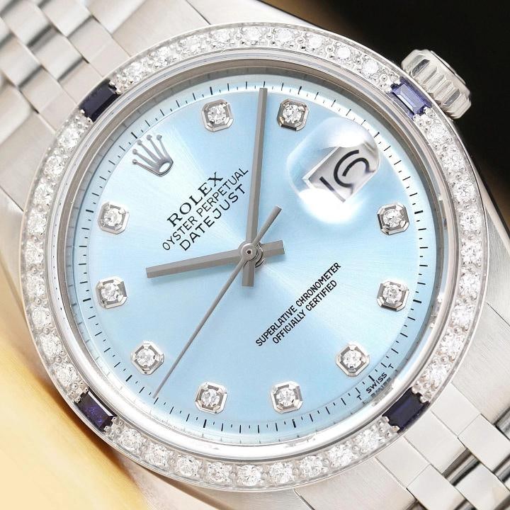 ROLEX MENS DATEJUST ICE BLUE 18K GOLD SS DIAMOND SAPPHIRE WATCH w/ FOLDED BAND: Condition: Pre-owned - Excellent,Bezel Color: Silver,Max Wrist Size: 7.26-7.5 in,Number of Jewels: 26 Jewels,Indices: Diamond Markers, 12-Hour Dial,Bezel: Custom 18K White Gold Diamond and Sapphire Be