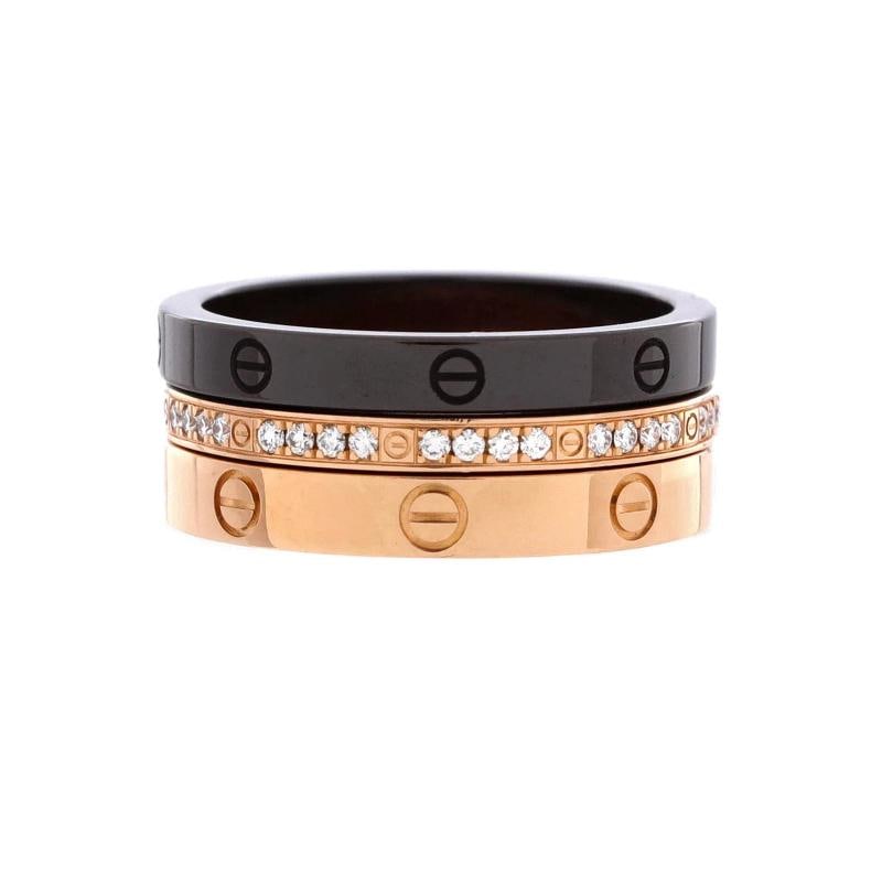 Cartier Love Band 3 Ring Set 18K Rose Gold, Diamonds and Ceramic: Measurements: Size: 5.25 - 50, Width: 7.4 mm . Condition: Pre-owned - Good,Brand: Cartier,Main Stone: Diamond,Metal: 18K Rose Gold,Metal Purity: 18K,Ring Size: 5.25 - 50,Type: Ring,Color: Rose Gold,St