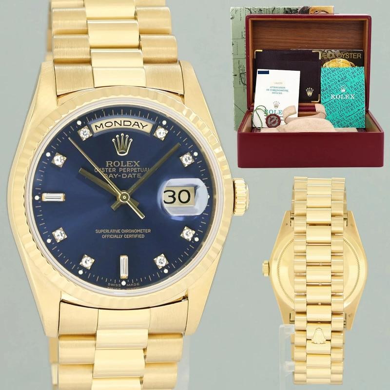 PAPERS MINT Rolex 18238 President Day Date Blue Diamond Double Quick Yellow Gold: Case & Dial Case Material: Rolex Yellow Gold Case Size: 36mm Bezel: Rolex Yellow Gold Fluted Crystal: Rolex Sapphire Dial: Rolex Blue Diamond with Day and Date Functions Movement & Bracelet Movement: 
