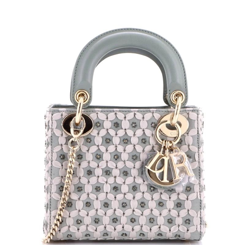 Christian Dior Lady Dior Chain Bag Embellished Satin Mini: Measurements: Height 4.5", Width 6.5", Depth 2", Strap Drop 21-25" . Condition: Pre-owned - Excellent,Brand: Christian Dior,Exterior Material: Satin, Beaded,Style: Top Handle,Exterior Color: