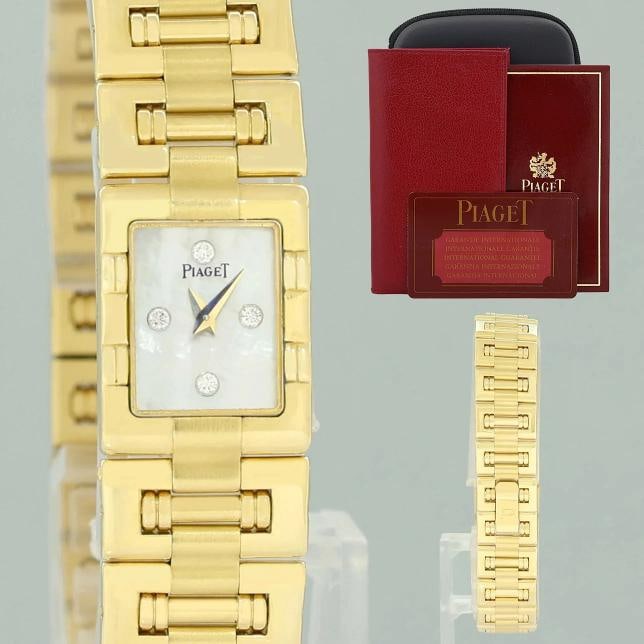 Ladies Piaget Dancer 14mm Ref 15217k81 Mother Of Pearl Diamond 18k Yellow Gold: Case & Dial Case Material: Piaget Yellow Gold Bezel: Piaget 18k Yellow Gold Crystal: Piaget Sapphire Dial: Piaget Mother of Pearl Diamond Movement & Bracelet Movement: Piaget Quartz Wrist Size: 6.50 i