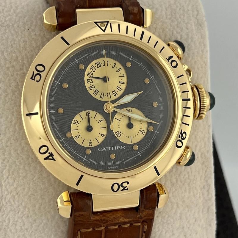 Cartier Pasha 1353 Chronograph Grey Dial 18K Yellow Gold Leather Strap 35mm: Condition: Pre-owned - Excellent,Country of Origin: Switzerland,Bezel Color: Gold, Yellow,Movement: Quartz,Seller Warranty: Yes,Dial Pattern: Guilloche,Reference Number: 1353,Band/Strap: Two-Piece Str
