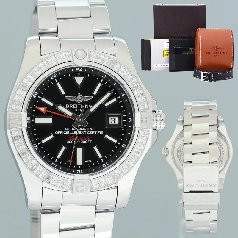 PAPERS MINT Breitling Avenger II GMT 43mm A3239053 Diamonds Black Dial Steel: Case & Dial Case Material: Breitling Stainless Steel Case Size: 43mm Bezel: Breitling Stainless Steel Crystal: Breitling Sapphire Dial: Breitling Black Movement & Bracelet Movement: Breitling Automati
