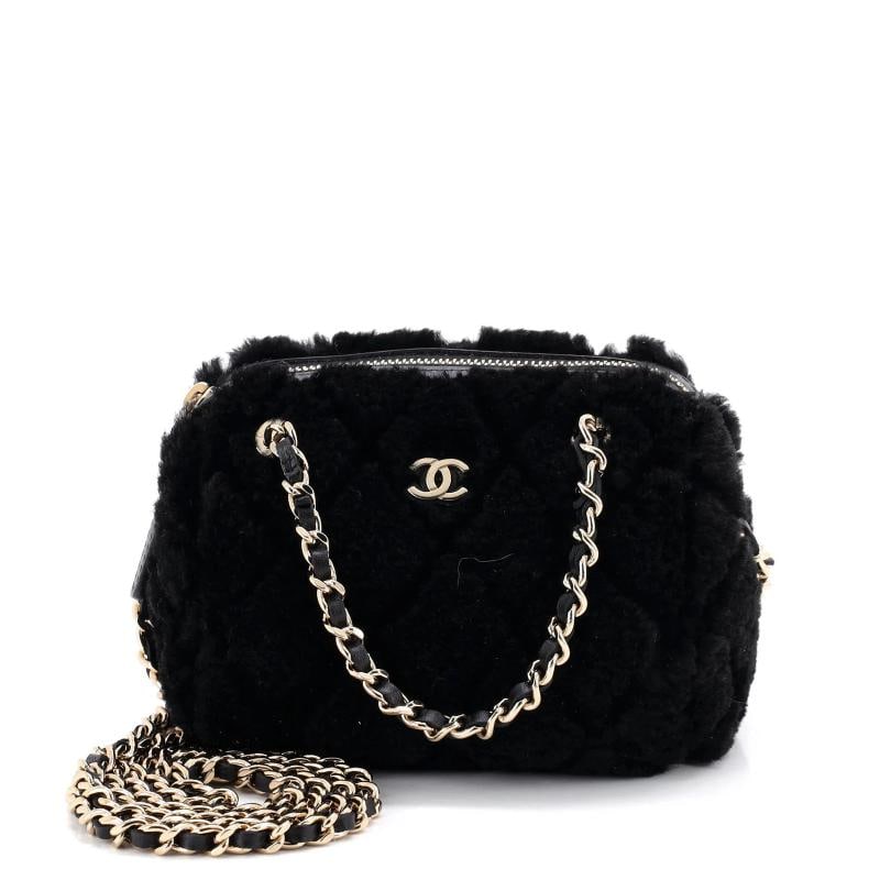 Chanel CC Double Chain Zip Clutch with Chain Quilted Shearling Mini: Condition: Pre-owned - Excellent,Brand: Chanel,Exterior Material: Shearling, Leather,Style: Shoulder Bags,Exterior Color: Black,Department: Women,Size: Mini,Accessories: Dust Bag Condition: Great. Ext