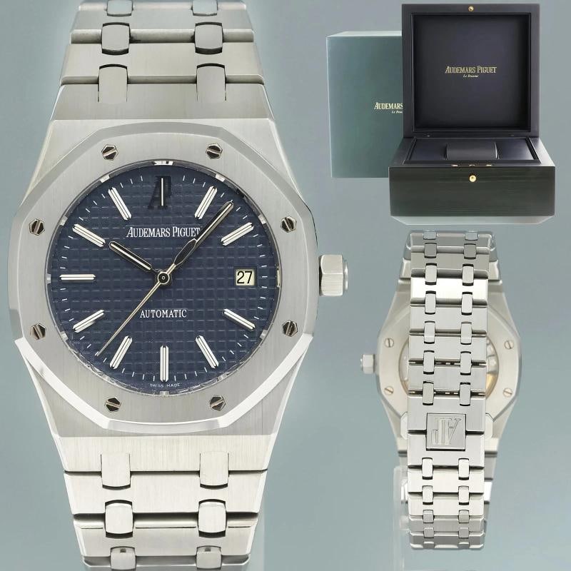 MINT Audemars Piguet 15300ST Royal Oak Blue Stick 39mm Steel Watch Box: Case & Dial Case Material: Audemars Piguet Stainless Steel Case Size: 39mm Bezel: Audemars Piguet Stainless Steel Crystal: Audemars Piguet Sapphire Dial: Audemars Piguet Blue Movement & Bracelet Movem