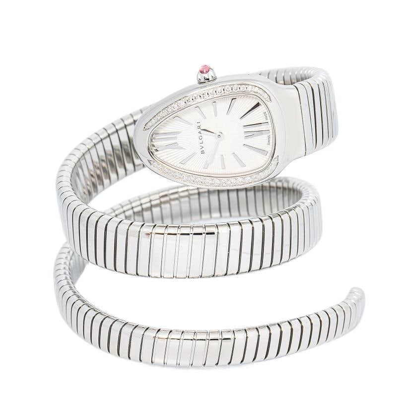 Bvlgari Serpenti SP355 Bracelet Stainless Steel White Index Quartz 20mm: Case Size 35MM Wrist Fit 7 inches Box No Papers No Condition Ã¢â‚¬â€ Very Good Full Specifications SKU Bvlgari#131 Brand Bvlgari Model Serpenti Reference SP3
