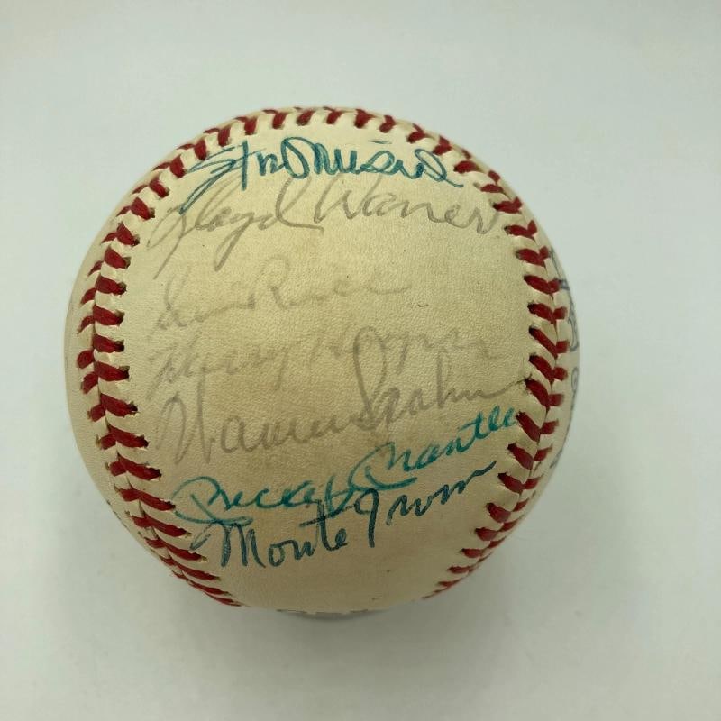 Mickey Mantle 1974 Hall Of Fame Induction Multi Signed Baseball JSA COA: bears the signatures of the following: Stan Musial, Lloyd Waner, Sam Rice, Harry Hooper, Warren Spahn, Mickey Mantle, Monte Irvin, Rube Marquard, Jocko Conlon, Casey Stengel, Buck Leonard, Bill Terry,