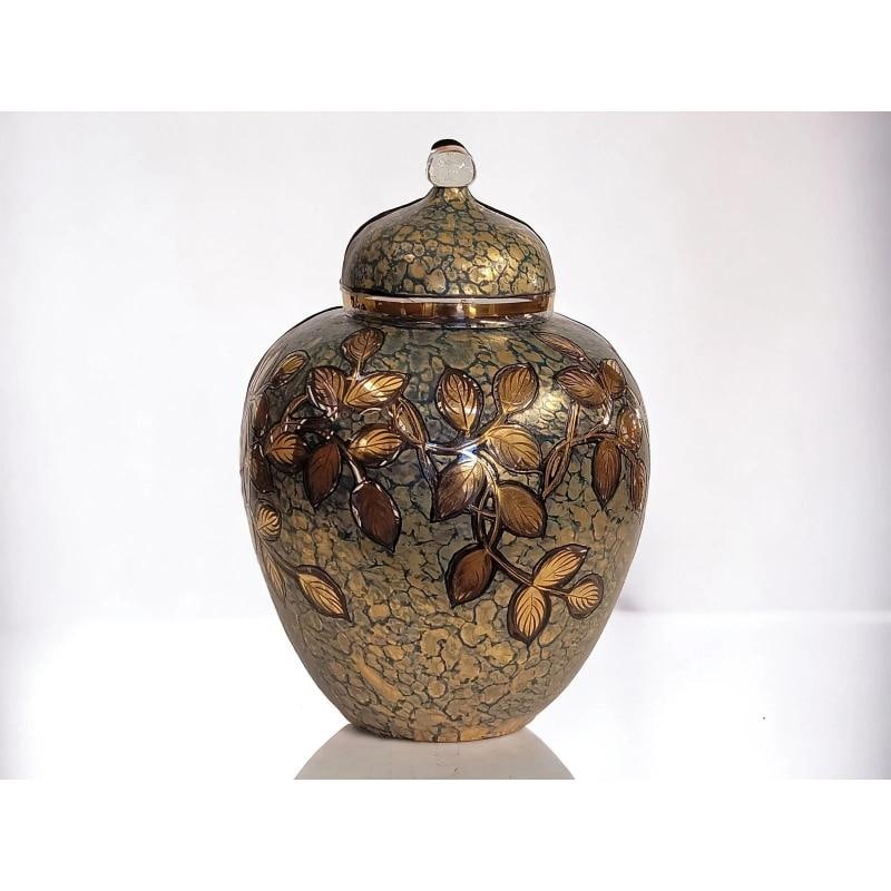 Chic 14K Gold Painted Vintage Glass Urn, Crackled Glass with Golden Leaf Design: Stands 13 inches tall and measures 10 inches across.. Condition: Used: An item that has been used previously. The item may have some signs of cosmetic wear, but is ... Read moreabout the
