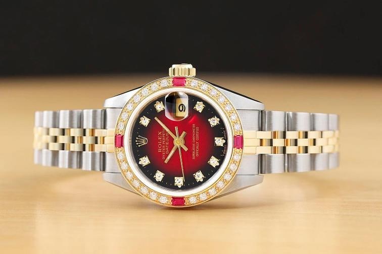ROLEX LADIES DATEJUST 69173 RED VIGNETTE FACTORY DIAMOND 18K GOLD SS RUBY WATCH - 3