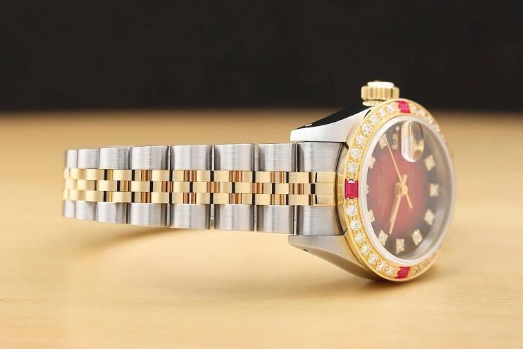 ROLEX LADIES DATEJUST 69173 RED VIGNETTE FACTORY DIAMOND 18K GOLD SS RUBY WATCH - 7