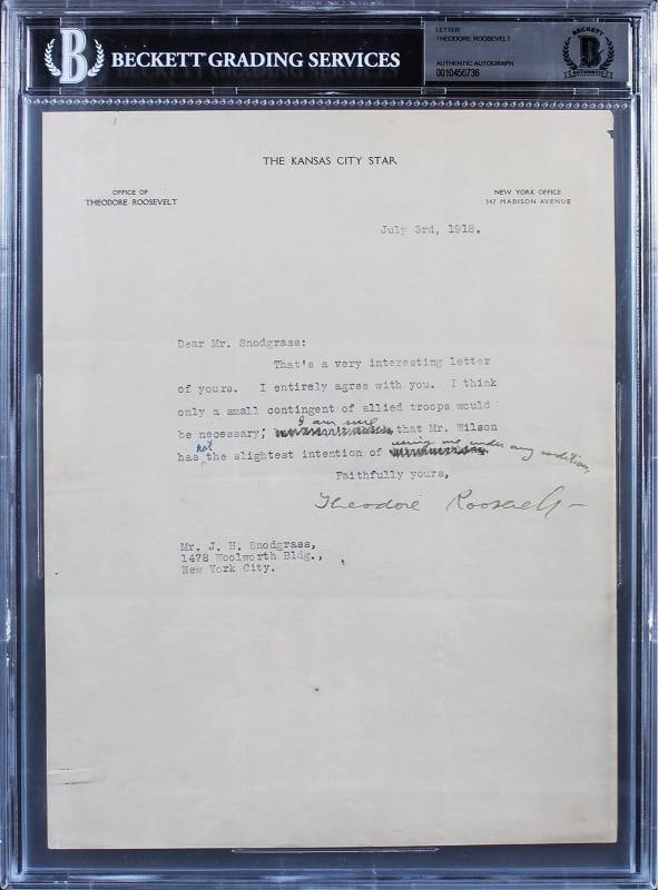 Theodore Roosevelt Authentic Signed 8.5x11 Letter Dated July 3rd, 1918 BAS Slab - 4