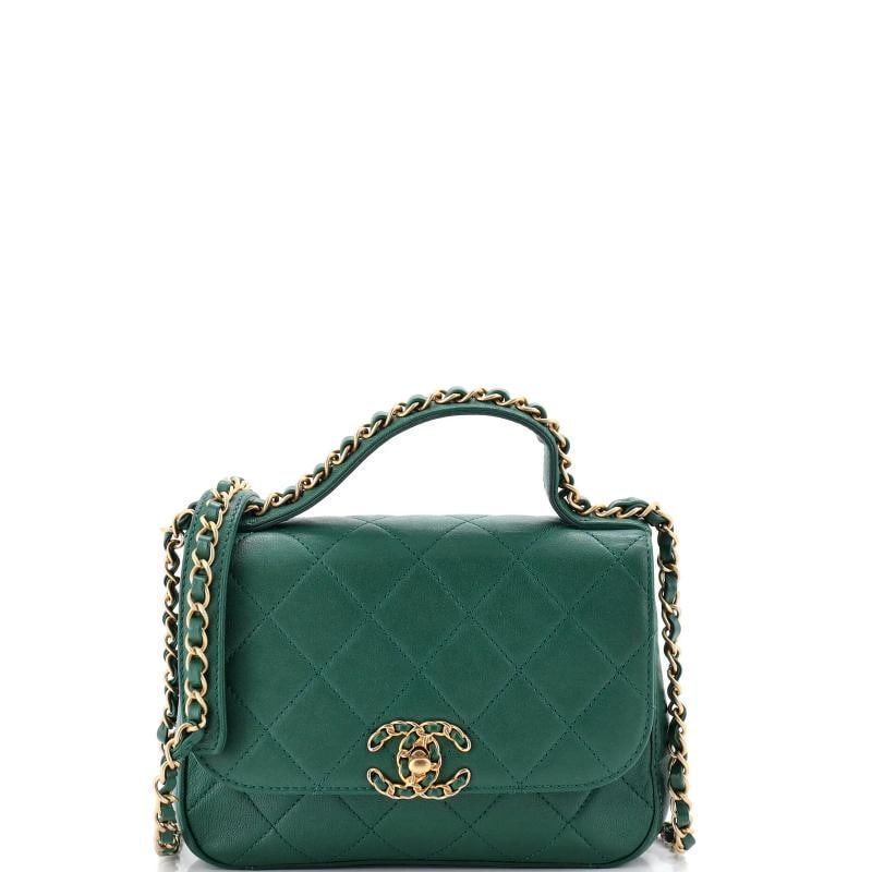 Chanel Chain Infinity Top Handle Bag Quilted Lambskin Mini: Condition: Pre-owned - Good,Brand: Chanel,Exterior Material: Leather,Style: Top Handle,Exterior Color: Green,Department: Women,Size: Mini