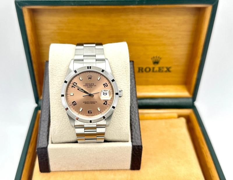Rolex Date 15210 34mm Salmon Arabic Dial Engine Turned Bezel Steel Box Paper - 2