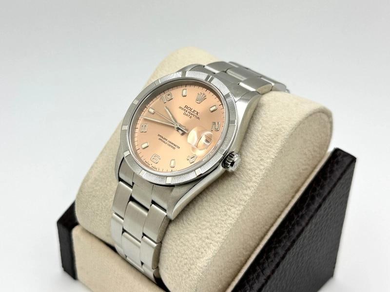 Rolex Date 15210 34mm Salmon Arabic Dial Engine Turned Bezel Steel Box Paper - 4