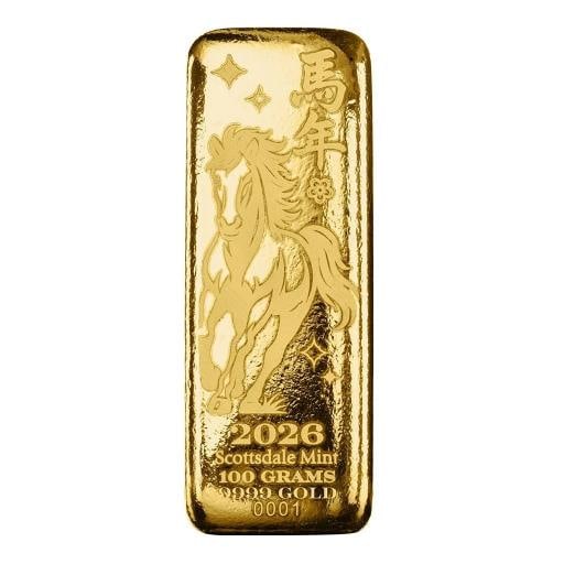 100 gram Gold Bar - 2026 Year of the Horse 3.2150 oz Gold Bullion Bar #A499: Country of Origin: United States,Series: Chinese New Year,Composition: Gold,Shape: Bar,Year: 2026,Fineness: 0.9999,Precious Metal Content per Unit: 100 g,Brand/Mint: Scottsdale Mint,Total Precious Met