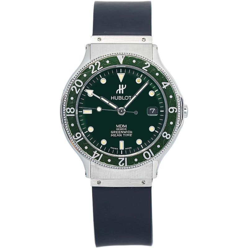 Hublot 1572 Strap Stainless Steel Green Index Quartz 36mm: Case Size 36mm Wrist Fit 7.5 inches Papers No Condition ¢â‚¬â€ Good Full Specifications SKU Hublot#110 Brand Hublot Model Classic MDM Greenwich Mean Time