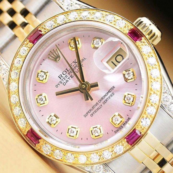 LADIES ROLEX DATEJUST 18K GOLD RUBY DIAMOND SS PINK 69173 WATCH + DIAMOND LUGS: Condition: Pre-owned - Excellent,Bezel Color: Gold,Max Wrist Size: 6.26-6.75 in,Number of Jewels: 29 Jewels,Indices: Diamond Markers, 12-Hour Dial,Band: Rolex Two Tone Jubilee Bracelet,Bezel: Custom 1