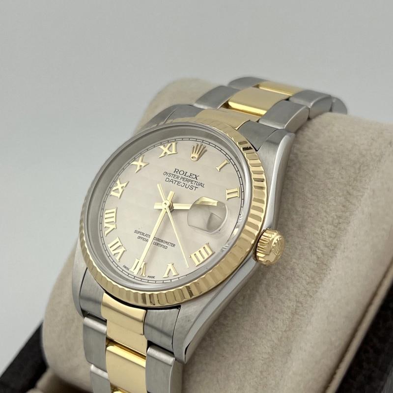 2002 Rolex Datejust 16233 36mm Roman Ivory Pyramid Dial 18k Yellow Gold Steel - 7