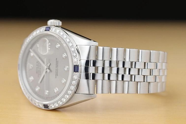 ROLEX MENS DATEJUST GRAY DIAL 18K GOLD SS DIAMOND SAPPHIRE WATCH w/ FOLDED BAND - 4