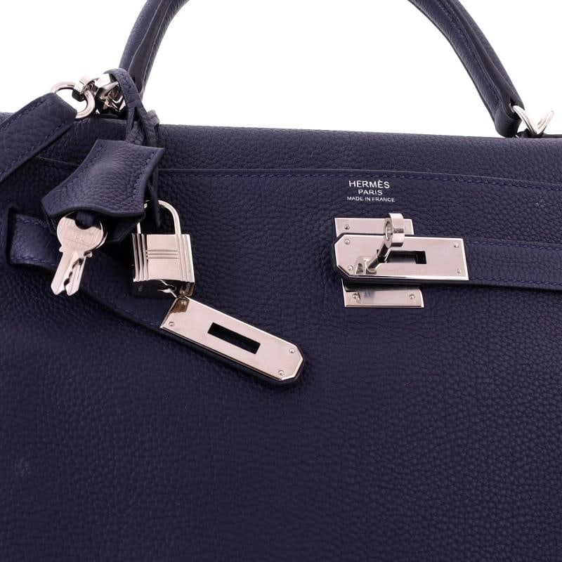 Hermes Kelly Handbag Blue Togo with Palladium Hardware 32 - 7