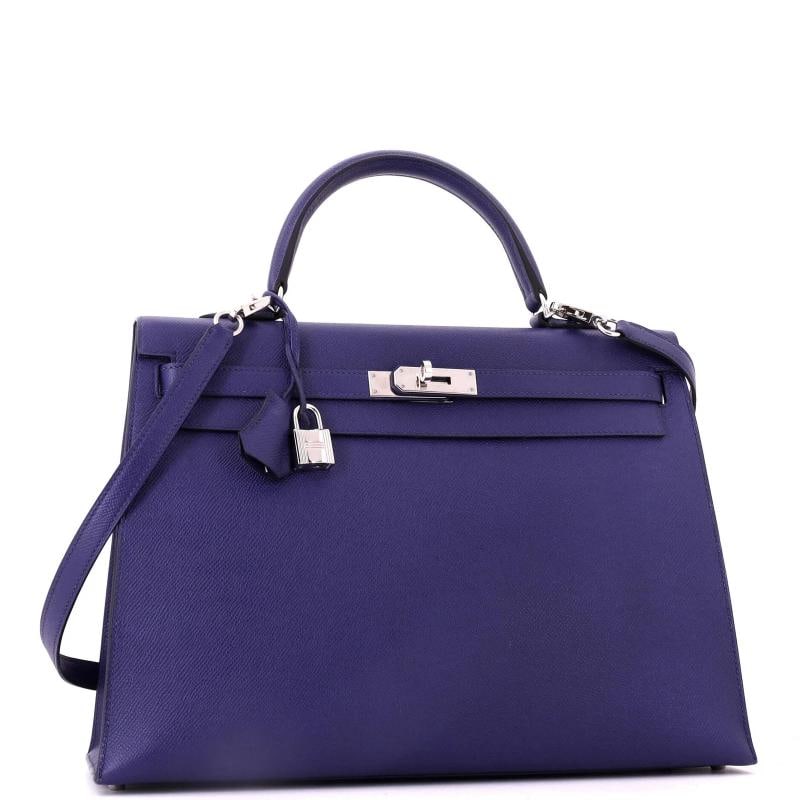 Hermes Kelly Handbag Blue Epsom with Palladium Hardware 35 - 2