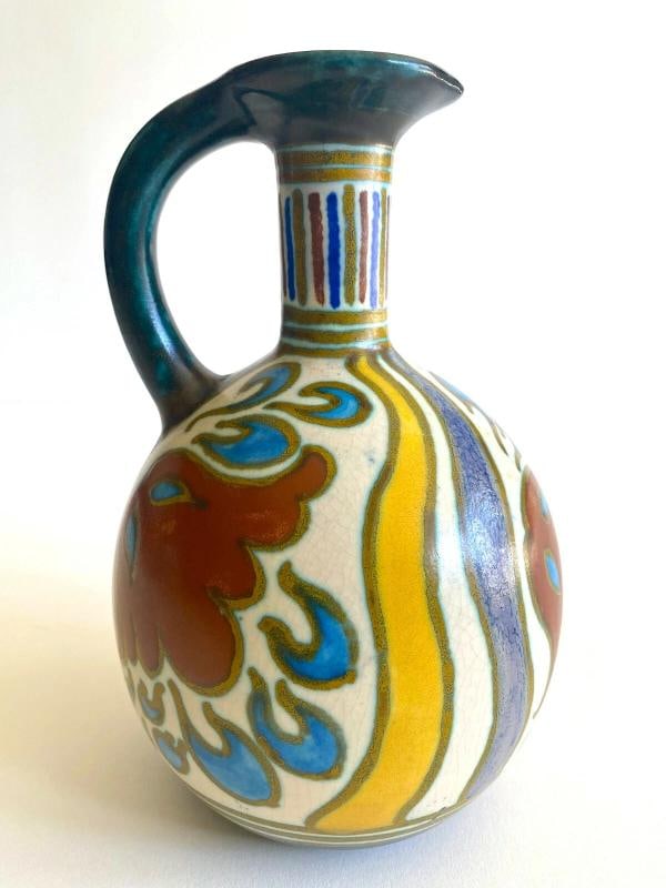 RARE 1920'S GOUDA HOLLAND ART NOUVEAU HAND PAINTED ART POTTERY EWER BOTTLE VASES - 5