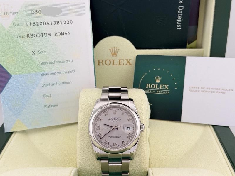 Rolex Datejust 116200 36mm Rhodium Roman Dial Steel Box Paper Service Card: Style Number: 116200 Serial: D50**** Year: 2006 Model: Rolex Datejust 36 Case Material: Stainless Steel Band: Stainless Steel Bezel: Stainless Steel Dial: Rhodium Roman Numeral Dial Crystal: Sapphire