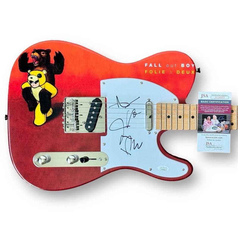 FALL OUT BOY: Patrick Stump, Pete Wentz, Joe Trohman & Andy Hurley Signed Custom Guitar (JSA): Industry: Music,Signed: Yes,Autograph Authentication: James Spence (JSA),Object Type: Guitar & Guitar Pick,Original/Reproduction: Original,Country of Origin: United States