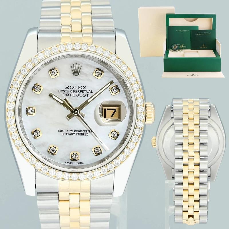 DIAMONDS MINT Rolex DateJust 36 Jubilee Two Tone Gold 116233 White Diamond Watch: Case & Dial Case Material: Rolex Two-Tone Yellow Gold & Stainless Steel Case Size: 36mm Bezel: Custom Yellow Gold Diamond Crystal: Rolex Sapphire Dial: Custom MOP Diamond Movement & Bracelet
