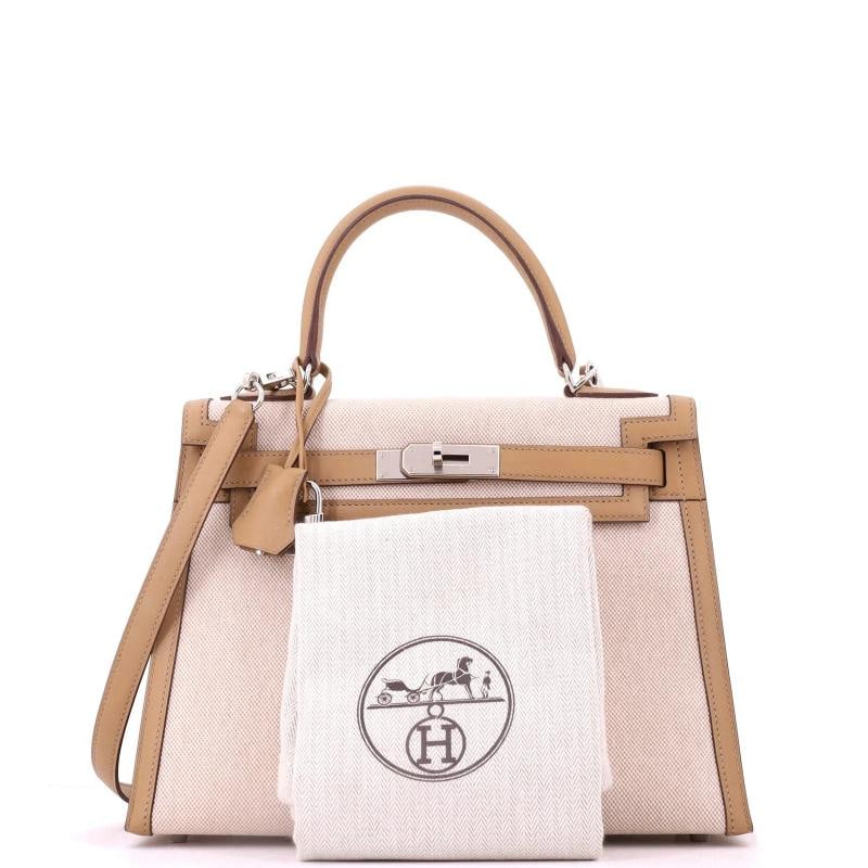 Hermes Kelly Handbag Toile and Brown Swift with Palladium Hardware 28 - 2
