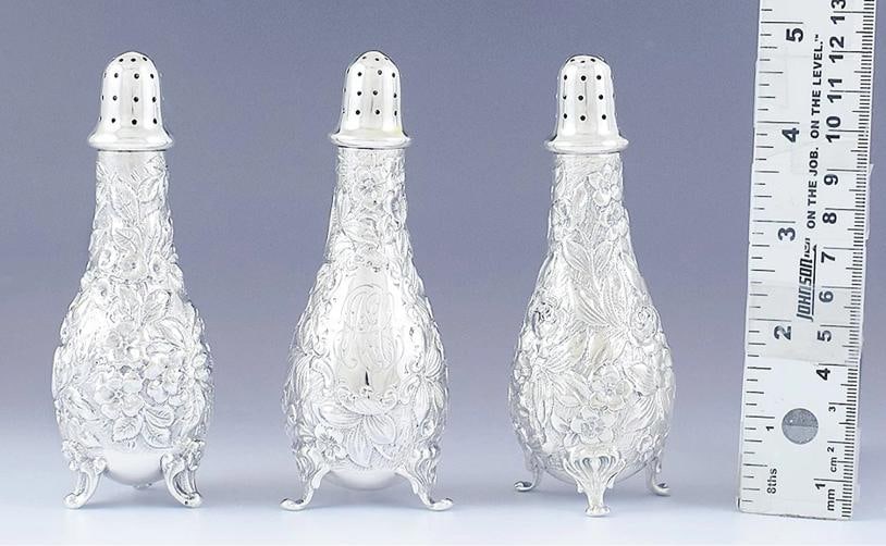c1875-1900 Nice Set 3 Gorham Sterling Silver Repousse Salt / Pepper Shakers - 2