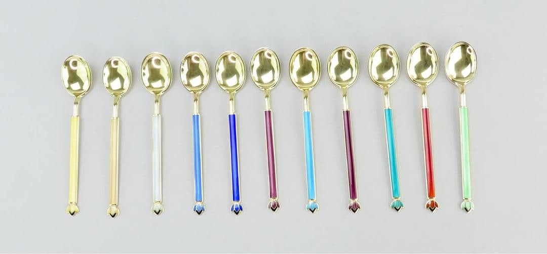 11 David Andersen Norway Sterling Silver Gilded Demitasse Spoons Enamel Handles - 2