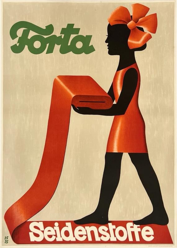 Original Vintage Poster FORTA - SEIDENSTOFFE Swiss Graphic Design STOECKLIN OL: Dimensions: 35.6 x 50.4 in. / 90.5 x 128 cm.; Circa: 1927 Original vintage "FORTA SEIDENSTOFFE" poster, monogrammed in the plate by its artist, NICKLAUS STOECKLIN, and printed circa 1927.