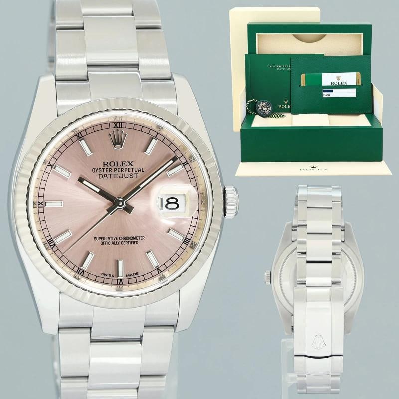 2019 PAPERS MINT Rolex DateJust Steel White Gold Fluted Pink 116234 36mm Oyster: Condition: Pre-owned - Excellent,Brand: Rolex,Department: Unisex Adults,Type: Wristwatch,Model: DateJust,Reference Number: 116234,With Original Box/Packaging: Yes,With Papers: Original,Customized: