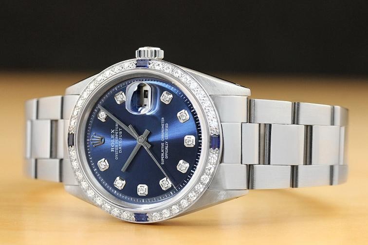 MENS ROLEX DATEJUST BLUE DIAMOND SAPPHIRE 18K GOLD STAINLESS STEEL OYSTER WATCH - 2