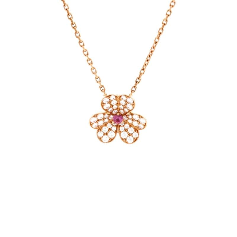 Van Cleef & Arpels Frivole Pendant Necklace 18K Rose Gold with Pink Sapphire: Measurements: Length: 14.75 - 16.5 ", Width: 1.45 mm, Pendant Length: 14.6 mm, Pendant Width: 16.05 mm . Condition: Pre-owned - Good,Brand: Van Cleef & Arpels,Main Stone: Diamond,Metal: 18K Rose Gold,
