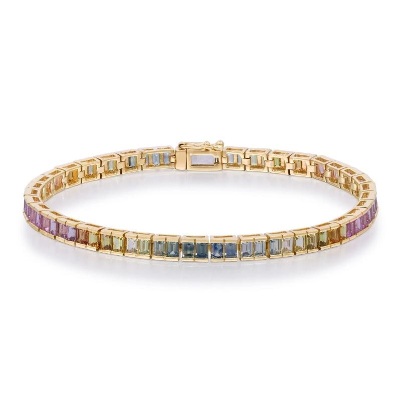 Yellow Gold Sapphire Rainbow Tennis Bracelet: Condition: New without tags,Item Length: 7 in,Clasp/Buckle Type: Box with Tongue & Safety,Main Stone Weight (cts): 6.91,Side Stone Type: No Stone,Main Stone: Sapphire,With Original Box/Packaging: