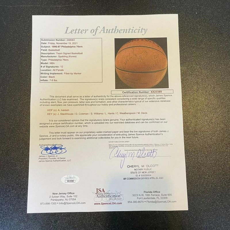 1996-97 Philadelphia 76ers Signed Game Used Basketball Allen Iverson Rookie JSA - 2